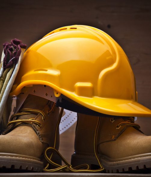Safety Protective Work Equipment. Yellow Helmet, Gloves and Boots